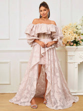 Romantic Off Shoulder Bridal Gown With Cutout Details, Bubble Sleeves And Asymmetrical Hem